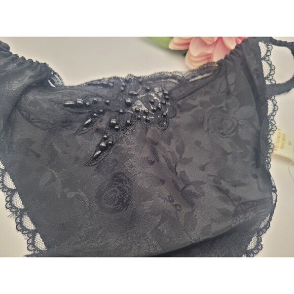 Vtg M/L Victorias Secret Satin T Back / Thong Panties String Beaded BLACK NWT - Picture 2 of 10